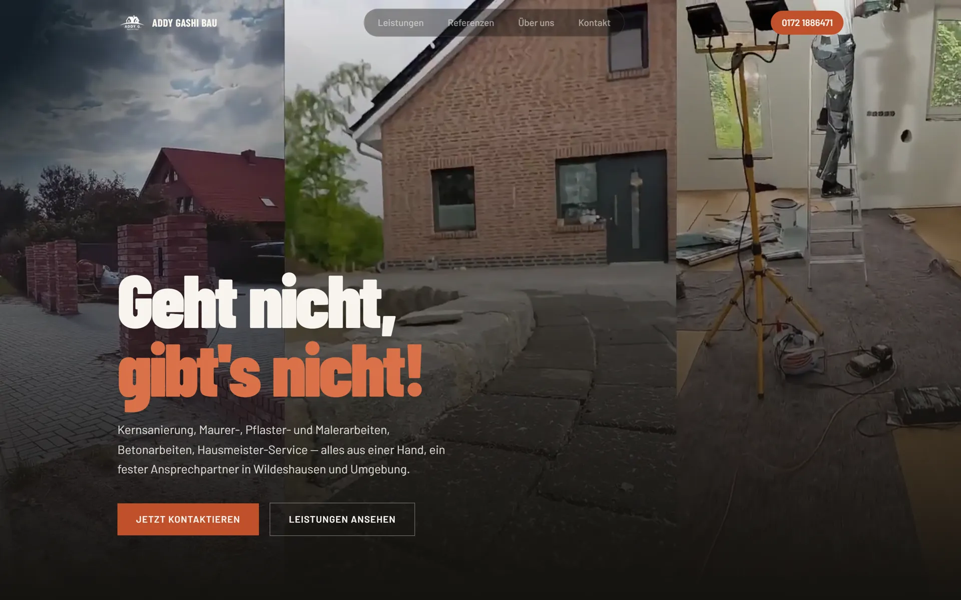 Startseite von addygashi-bau.de: Hero mit Baustellenfotos und der Zeile „Geht nicht, gibt's nicht!“